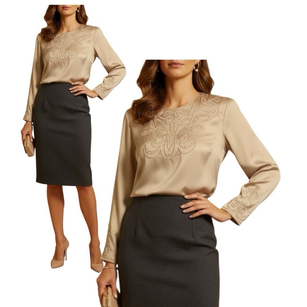SK & Company Vintage Women's Top Size 8 Carmel‎ Tan Long Sleeve Blouse Silky